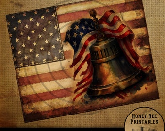 May include: A digital download of a vintage-style image featuring an American flag with a bell and a tattered flag draped over it. The image is in red, white, and blue colors and has a rustic, farmhouse feel. The image is 8 inches by 10 inches.