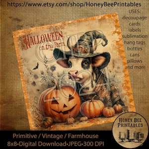 May include: A digital printable featuring a cow wearing a witch's hat and holding a jack-o'-lantern. The image is set against a rustic background with pumpkins and the text "Halloween on the Farm".