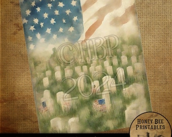 May include: A digital printable design featuring a watercolour painting of a field of white headstones with an American flag waving in the background. The year 2024 is written in large font over the headstones. The design is in a vintage style and is perfect for patriotic decor.