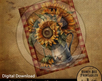 May include: A digital printable featuring a vintage illustration of sunflowers in a pewter pitcher on a red and white gingham background. The text "Sunflowers on Red Plaid Old Pewter Pitcher" is included in the image.