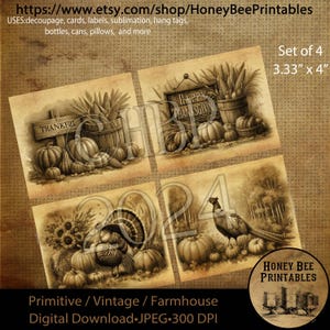 Vintage, Digital Download, Printable, Decoupage, Prim, Craft Supplies, Set of 4, 3.33 x 4, Thanksgiving, Turkey, Pheasant, Sepia Labels