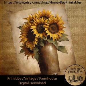 May include: A digital download of a vintage-style painting featuring a bouquet of sunflowers in a rustic brown vase. The sunflowers are yellow with dark brown centers and green leaves. The background is a light brown.