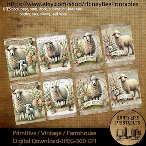 Download digital, Arte digital, Imprimível, Decoupage, Primitivo, Suprimentos de artesanato, ATC, Cartões, Ovelha, Cordeiro, Bênçãos de Páscoa, Primavera, Pastor