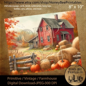 Digital Download, Digital Art, Printable, Decoupage, Primitive, Craft Supplies, Fall, Autumn, Farmhouse, Farm House, Red Saltbox, #2