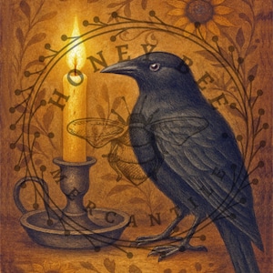 May include: Illustration of a black crow with a candle in a candlestick holder. The crow is perched on a surface, with a lit candle to its left. The background is a warm brown with floral and sunflower accents.