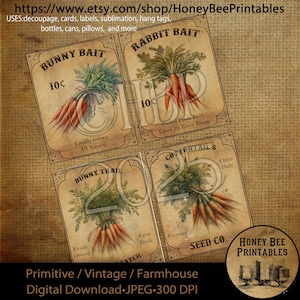 Digitaler Download, digitale Kunst, bedruckbar, Decoupage, primitiv, Bastelmaterial, 10x15, Ostern, Hasenspur, Karotten, Hasenköder, Hasenköder