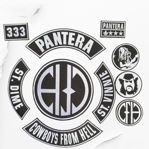 May include: A collection of black and white embroidered patches featuring the Pantera logo, the text Cowboys From Hell, St. Dime, St. Vinnie, 333, and CFH, along with circular patches depicting a guitarist and a portrait of a man wearing a cowboy hat.