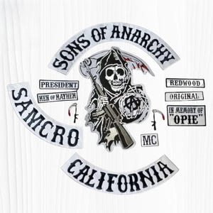 Sons of Anarchy Biker Patch Set, Skull Centerpiece, California Rocker Embroidery (MC Jacket Vest)