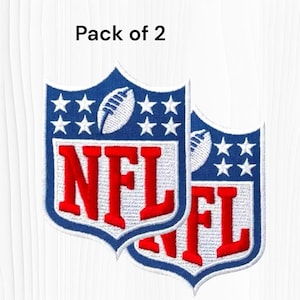 May include: A pack of 2 embroidered patches featuring the NFL logo. Each shield-shaped patch displays a blue background with white stars, a white football graphic, and the letters NFL in bold red font with a white border on a white background.