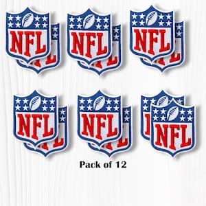 May include: A pack of 12 embroidered patches featuring the NFL shield logo. Each shield-shaped patch displays a blue background with white stars, a white football graphic, and the red letters NFL. The patches are arranged in a grid pattern.