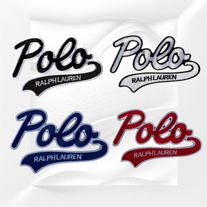 May include: Four embroidered fabric patches featuring the script text Polo with the words Ralph Lauren underneath in a swooping underline. The patches are presented in four distinct colors: black, white, navy blue, and red, each with a matching border.