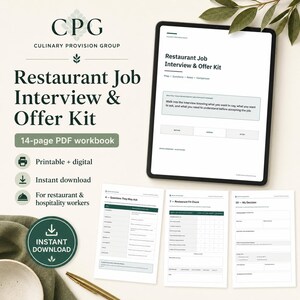 Può includere: Un quaderno di lavoro in PDF di 14 pagine intitolato Restaurant Job Interview & Offer Kit di Culinary Provision Group. Il documento digitale presenta sezioni per domande di colloquio, note e confronti, visualizzate su tablet e pagine stampate.