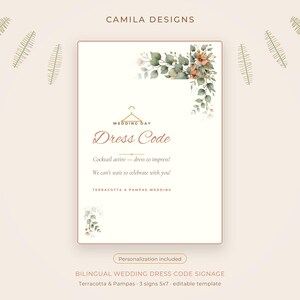 Puede incluir: Un letrero rectangular de código de vestimenta para bodas con un icono de percha dorada, detalles florales en acuarela en las esquinas y el texto CAMILA DESIGNS, WEDDING DAY, Dress Code, Cocktail attire y más detalles.