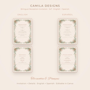 Puede incluir: Un conjunto de cuatro tarjetas bilingües de invitación y detalles de recepción de Camila Designs, que miden 12,7x17,8 cm. Cada tarjeta presenta un fondo crema con un borde botánico de hojas verdes y flores naranjas, con texto en inglés y español.