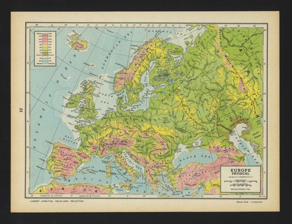 Items similar to Vintage Physical Map Europe From 1944 Original on Etsy
