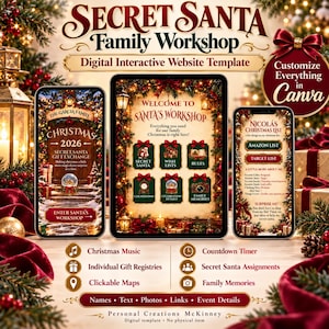 May include: A digital interactive website template titled Secret Santa Family Workshop, displayed on a tablet and two smartphones. The screens feature festive Christmas graphics, buttons for gift lists, countdowns, and event details, with text options to customize in Canva.