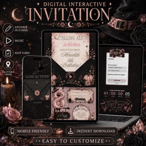May include: A digital interactive invitation template featuring a dark, witch-themed aesthetic with rose gold accents. The design includes a mobile phone, tablet, and laptop displaying event details, RSVP forms, and countdown timers with floral motifs.
