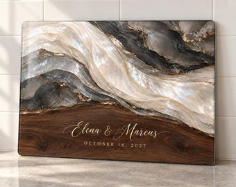 Personalized Wedding Gift Cutting Board, Mother of Pearl Geode Glass Board, Custom Couple Names Date, Anniversary Gift for Couple