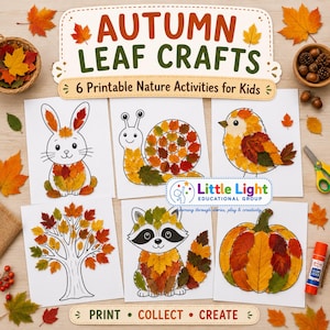 May include: A set of 6 printable nature activity sheets titled Autumn Leaf Crafts, featuring outlines of a rabbit, snail, bird, tree, raccoon, and pumpkin decorated with colourful autumn leaves, alongside a glue stick and scissors.