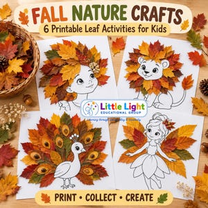 May include: A set of 6 printable leaf activity sheets titled Fall Nature Crafts. The sheets feature black and white line art of a child, a lion, a peacock, and a fairy, decorated with colorful autumn leaves. Includes the Little Light Educational Group logo.