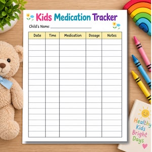 May include: A white paper sheet titled Kids Medication Tracker with a blank line for a child's name and a table featuring columns for Date, Time, Medication, Dosage, and Notes. The header is decorated with colourful flower illustrations.