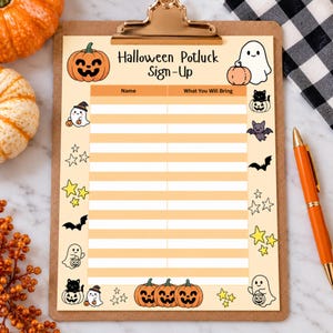 Puede incluir: Una hoja de registro para una comida de Halloween en un portapapeles marrón con un clip dorado. El papel tiene un fondo naranja claro con columnas para el nombre y lo que se trae, decorado con ilustraciones de calabazas, fantasmas, murciélagos y estrellas.