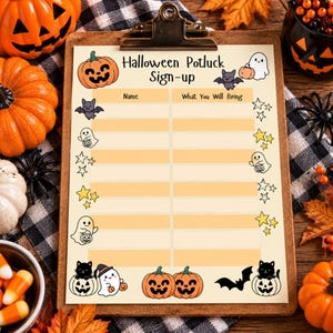 May include: A cream-coloured Halloween Potluck Sign-up sheet on a wooden clipboard. The form features two columns for Name and What You Will Bring, decorated with illustrations of pumpkins, ghosts, bats, stars, and black cats in orange and black.
