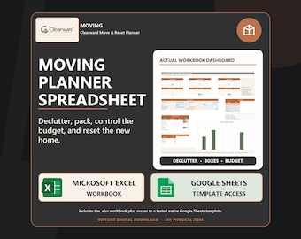 Moving Planner Spreadsheet | Declutter, Packing, Box Inventory and Budget | Excel Google Sheets