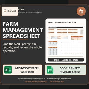 Könnte beinhalten: Eine digitale Tabellenvorlage für das Farmmanagement mit dem Clearward-Logo, dem Text Farm Management Spreadsheet und einer Vorschau des Dashboards. Enthält Symbole für Microsoft Excel-Arbeitsmappen und Google Sheets-Zugriff.