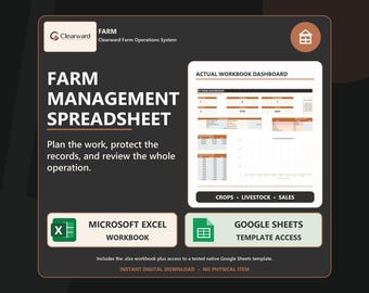 Farm Management Spreadsheet | Crop, Livestock, Equipment, Inventory and Finances | Excel Google Sheets