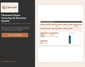 Hoja de cálculo de inventario del hogar / Documentación de seguros, recibos, garantías y organizador de recuperación / Excel Google Sheets