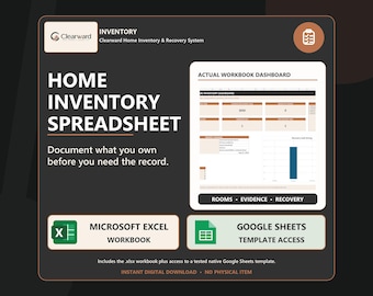 Home Inventory Spreadsheet | Insurance Documentation, Receipts, Warranties & Recovery Organizer | Excel Google Sheets