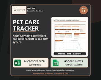 Pet Care Tracker Spreadsheet | Multi-Pet Health, Medication and Sitter Planner | Excel Google Sheets