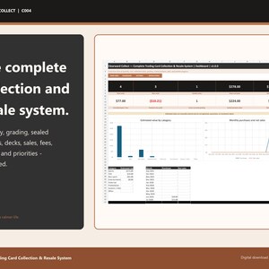 Könnte beinhalten: Eine digitale Dashboard-Oberfläche mit dem Titel Clearward Collect für ein System zur Sammlung und zum Wiederverkauf von Sammelkarten. Das Layout umfasst eine dunkle Seitenleiste mit weißem Text, ein tabellarisches Datenraster und zwei Diagramme.