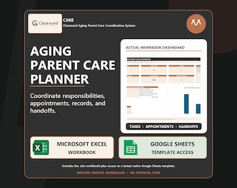 Aging Parent Caregiver Planner Spreadsheet | Appointments, Medications, Tasks & Family Handoffs | Excel Google Sheets