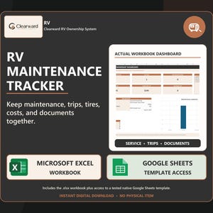 May include: A digital RV maintenance tracker system featuring a dark gray background with white text. It includes a preview of an actual workbook dashboard, Microsoft Excel workbook icon, and Google Sheets template access icon for tracking trips, costs, and documents.