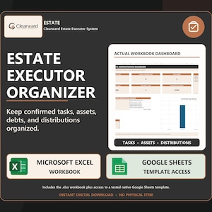 May include: A digital estate executor organizer template featuring the Clearward logo, text reading Estate Executor Organizer, and a dashboard preview. Includes icons for Microsoft Excel workbook and Google Sheets template access for managing tasks, assets, and debts.