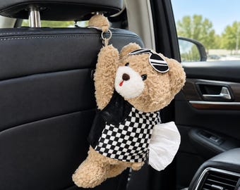 Dispensador de pañuelos para coche con forma de osito de peluche, funda colgante de felpa para caja de pañuelos, bonito accesorio para el interior del coche, dispensador de pañuelos con forma de oso, regalo para ella en el coche.