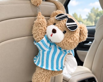 Porta-lenços de pelúcia para carro, capa de pelúcia para pendurar na caixa de lenços, acessório fofo para interior do carro, dispensador de lenços em formato de urso, presente para ela.