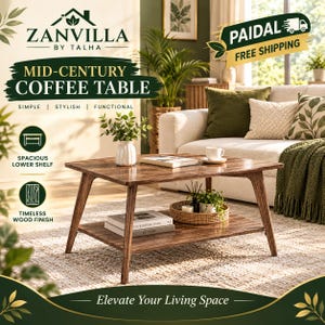 Puede incluir: Una mesa de centro rectangular de madera con acabado de veta marrón oscuro, con cuatro patas inclinadas y un estante inferior. La superficie sostiene un pequeño jarrón blanco con vegetación y el estante inferior muestra dos libros.