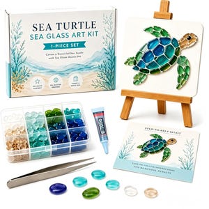 May include: A sea turtle sea glass art kit including a box, a wooden easel with a finished turtle mosaic, a plastic organiser filled with assorted blue, green, and clear sea glass pieces, a tube of adhesive, metal tweezers, and instructions.
