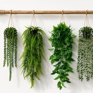 May include: Four artificial green plants in black pots hanging from a horizontal wooden rod. The plants include a string of pearls, a fern, a leafy vine, and a trailing succulent, all suspended by thin twine cords against a plain white wall.