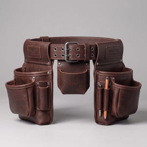 Pode incluir: Um cinto de ferramentas de couro castanho escuro com vários bolsos, rebites de metal e uma fivela central. O cinto inclui dois emblemas em relevo com a inscrição VELCREST ATELIER. Um lápis e uma caneta estão nos bolsos da parte direita.