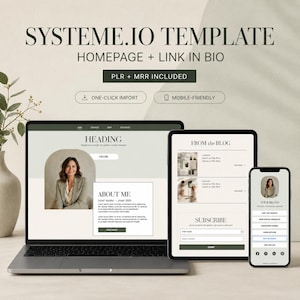 May include: A Systeme.io template for a homepage and link in bio, featuring PLR and MRR included, one-click import, and mobile-friendly design. The digital layout displays a website interface on a laptop, tablet, and smartphone screen.