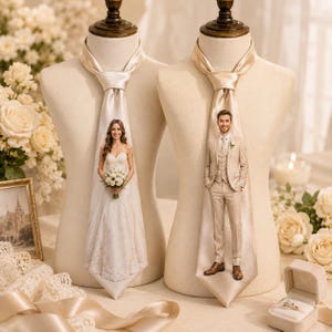 Può includere: Due cravatte in raso color champagne esposte su busti di manichini. Una cravatta presenta l'immagine stampata di una persona in abito da sposa bianco con un bouquet, l'altra mostra una persona in completo beige con gilet.
