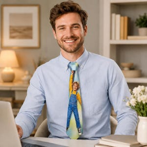 Può includere: Una camicia azzurra abbottonata abbinata a una cravatta con una stampa fotografica di un bambino che indossa una maglietta gialla a maniche lunghe e una salopette di jeans blu. La cravatta ha uno sfondo sfumato azzurro e giallo.