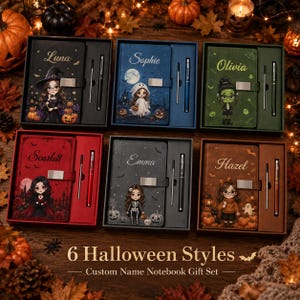 May include: Six Halloween-themed notebook gift sets, each featuring a custom name, a character illustration, a metal clasp, and a matching pen. The notebooks come in black, blue, green, red, dark gray, and brown, displayed in individual boxes.