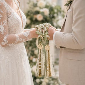 Könnte beinhalten: Ein Handfasting-Band aus geflochtenem salbeigrünen und cremefarbenen Stoff, verziert mit einer salbeigrünen Schleife, zwei runden Holzanhängern mit der Gravur K & M 08.24.25 und zwei Quasten mit weißen Kunstperlen und goldenen Perlen.