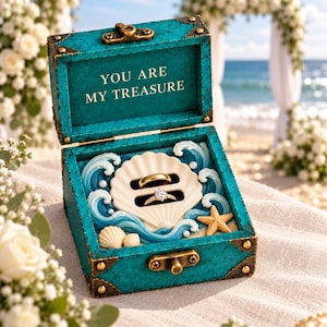 Ocean Wedding Ring Box, Seashell and Starfish Wooden Double Ring Holder, Beach Wedding Ring Bearer Box, Coastal Keepsake