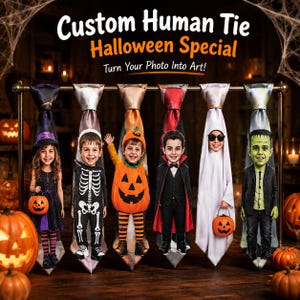 Puede incluir: Seis corbatas colgadas en un perchero, cada una con una imagen impresa personalizada de un niño con disfraz de Halloween. El texto en la parte superior dice Custom Human Tie Halloween Special Turn Your Photo Into Art. Los disfraces incluyen una bruja, esqueleto, calabaza, vampiro, fantasma y el monstruo de Frankenstein.